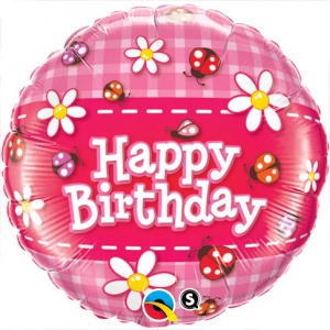 Rund rödrosa folieballong "Happy birthday" nyckelpigor - 46 cm